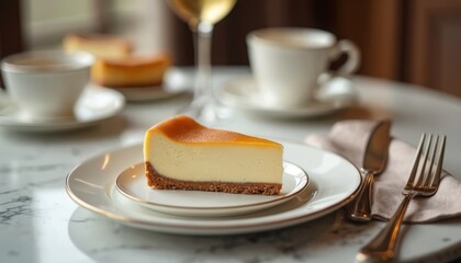 Creamy cheesecake slice sits on elegant plate with coffee cup and wine glass nearby. Delicious dessert served for enjoyment at table with silverware and napkin, perfect treat.