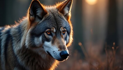 Fototapeta premium Close-up of a wolf head with alert amber eyes, fur textured, set against a soft sunset forest background. Wildlife predator ready, watchful stance, winter fur coat thick.