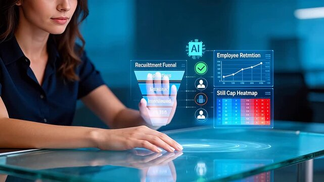 Woman analyzing HR data on hologram
