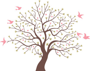 Romantic tree illustration with birds and hearts, blooming branches symbolizing love, family, spring nature vector artwork design for wall decor
