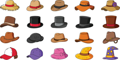 Fashionable Hat Vector Set  Fedoras, Cowboy Hats, Sun Hats, and More © MSTZOWRON