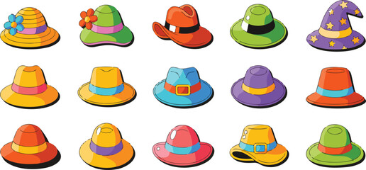 Fashionable Hat Vector Set  Fedoras, Cowboy Hats, Sun Hats, and More © MSTZOWRON