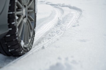 Fresh snow with clear tire tracks, showing a wheel and rim in detail. Crisp winter scene...