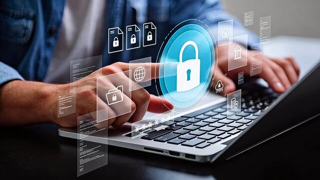 Person using laptop with security icons
