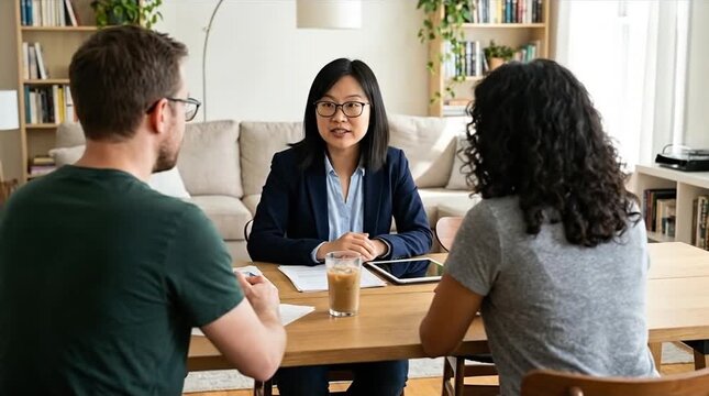 Professional female advisor consults diverse couple on financial planning, real estate, or legal matters in a modern office.