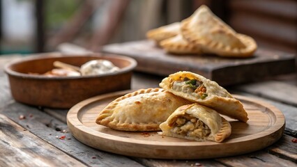 Freshly baked empanadas on wooden plate with dipping sauce in background on rustic table