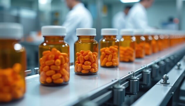Orange capsules fill amber glass bottles moving on a pharmaceutical factory conveyor belt. Workers in lab coats operate production line equipment in modern lab. Healthcare drug manufacturing process.