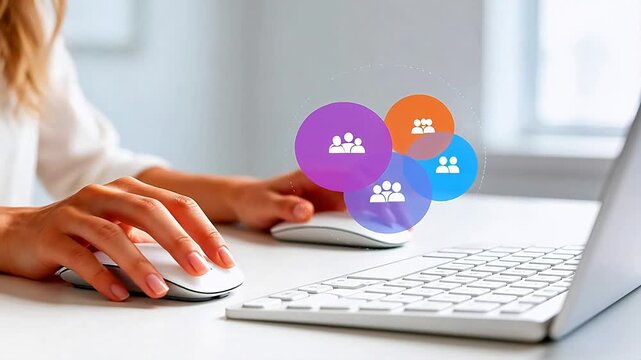 Woman using laptop with user icons