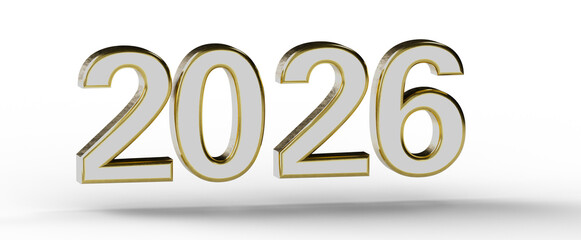 3D render of the year 2026 with metallic gold and white numbers isolated against a white...