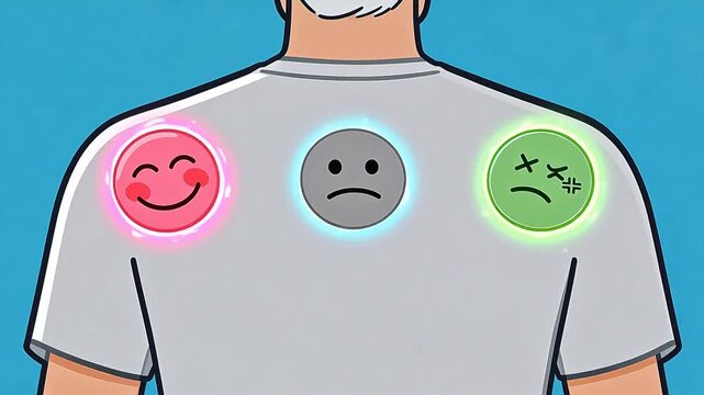 Man wearing shirt with three emotion icons