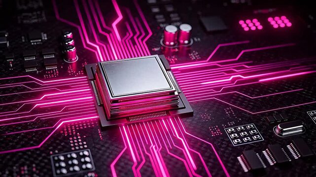 Glowing microchip on circuit board