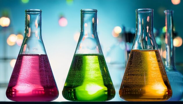 vibrant erlenmeyer flasks filled with colorful liquids like yellow pink and green