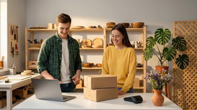 Smiling small business owners preparing e-commerce orders. Couple packaging products for online store delivery in workshop.