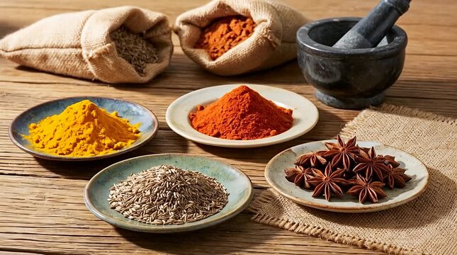 Discover aromatic spices: turmeric, chili, cumin, star anise, and powder for cooking turmeric, chili powder.