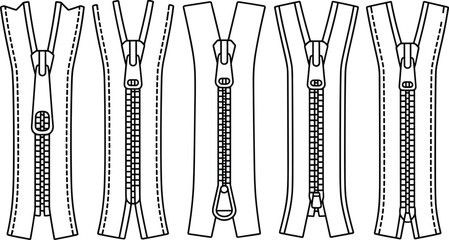 Zipper set line art vector illustration with open and closed zippers, clothing fastener details, sewing and tailoring elements ©  Alexander Creations
