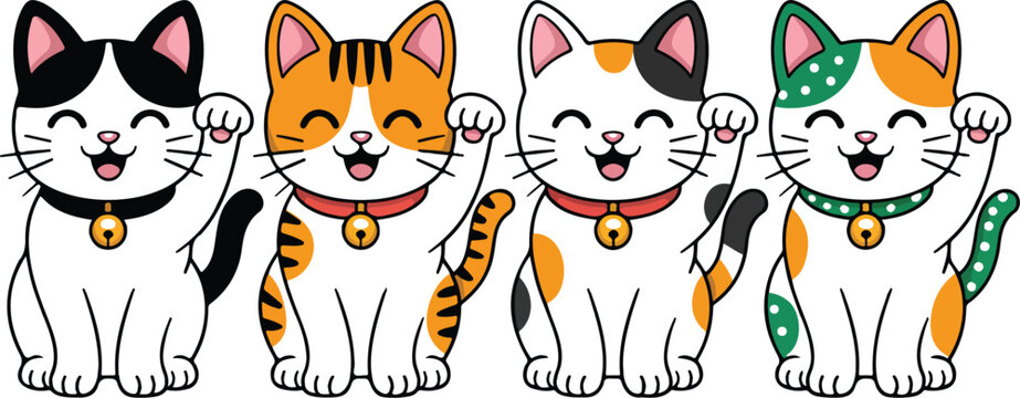 Cute Lucky Cat Vector Set  Waving Paw, Smiling Maneki Neko Characters