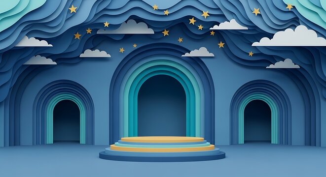 Blue layered arches and clouds with star accents and stage for creative display