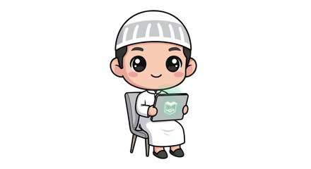 Obraz premium Chibi Muslim boy character sitting on chair with tablet, cute Islamic student illustration, young boy wearing white thobe and kufi cap using digital device