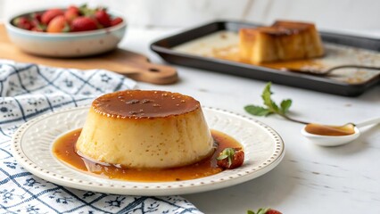 Caramel flan dessert with strawberry and mint on white plate with sauce and berries