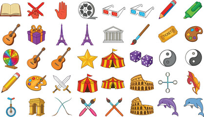 Colorful Cartoon Icon Set Featuring Travel Landmarks, Music Instruments, Circus Elements, Art Tools, and Cultural Symbols for Creative Designs © Sanjida
