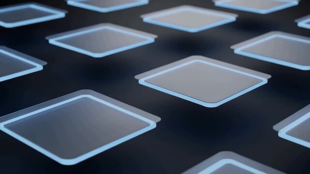 Transparent square plates hover in a slow rhythmic motion against a dark backdrop ideal for high end technical presentations.