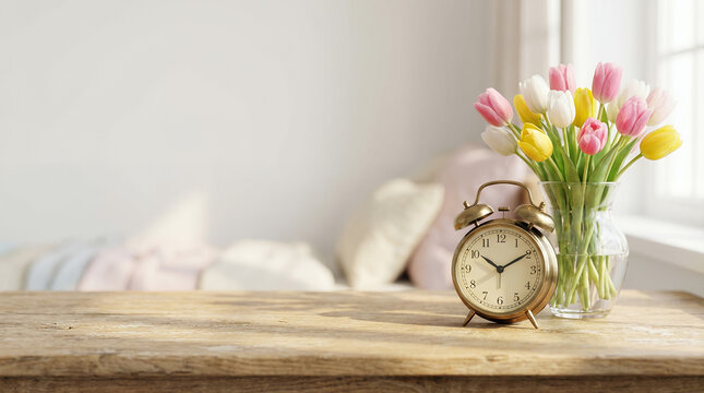 Vintage clock beside bouquet of spring tulips on wooden table, Spring Forward concept
