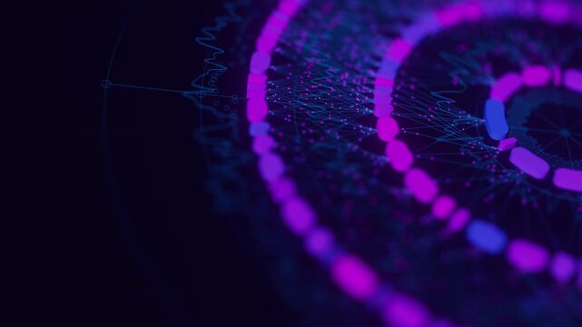 Close up of Big Data complex round graph animation. Quantum computing universe. Cyber space of AI technology. Futuristic graph. Digital information presentation.