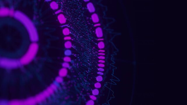 Close up of Big Data complex round graph animation. Quantum computing universe. Cyber space of AI technology. Futuristic graph. Digital information presentation.