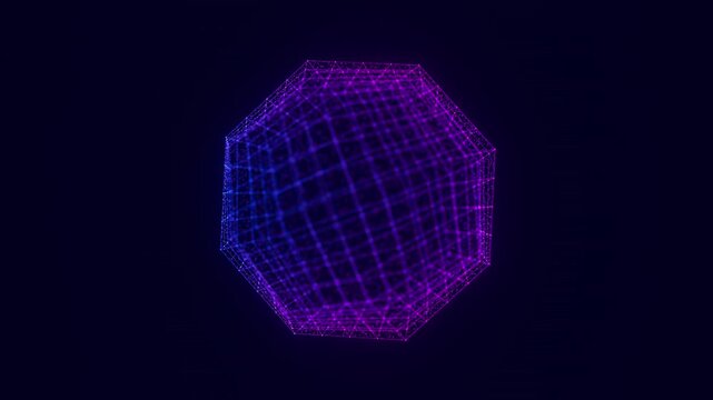 Rotating digital geometric object with data points. Holographic object technology animation. Futuristic AI vision analysis. Cyberspace research background