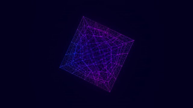 Rotating digital cube with data points. Holographic object technology animation. Futuristic AI vision analysis. Cyberspace research background