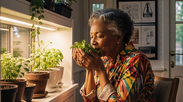 elderly woman enjoying aroma of fresh basil in home garden setting under soft light