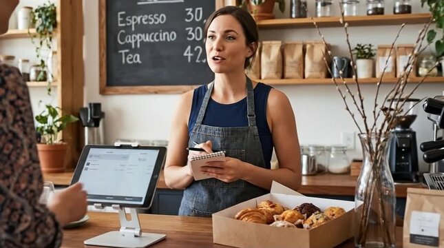 Friendly barista taking customer's order at a modern coffee shop counter, featuring a digital POS system and fresh pastries.