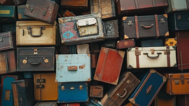 Vintage suitcases stacked high antique luggage collection background