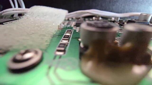 Macro panning shot of a green PCB circuit board, featuring detailed electronic components like capacitors, surface-mount resistors, and a copper inductor coil.