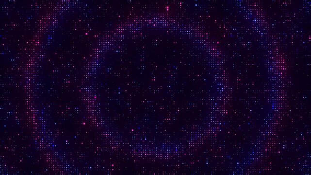 High-tech big data processing animation with radial waves. Ai, artificial intelligence matrix technology. Moving blinking qubits or digital data pixels. Futuristic transmission concept