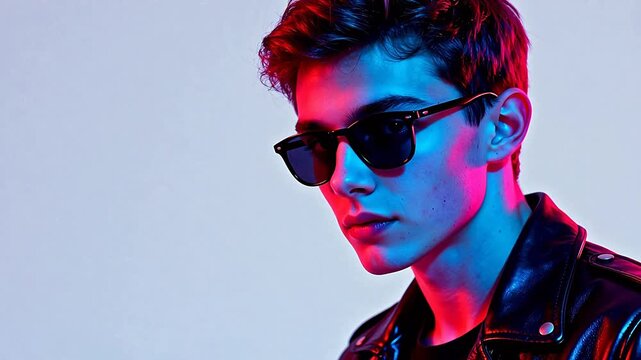 Young man wearing sunglasses and leather jacket
