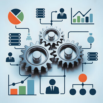 Business Process and Data Flow Illustration with Interlocking Gears, Charts, Database and Team Icons &mdash; Workflow Automation and Systems Integration