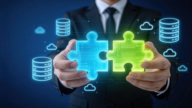 Businessman connecting digital puzzle pieces with cloud and database icons,data integration concept,technology partnership,system synchronization and IT solution architecture