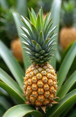Fototapeta premium Ripe pineapple fruit grows on plant amidst green leaves in a tropical garden. Sweet exotic produce ripens on its stalk, ready for harvest. Natural healthy food source.