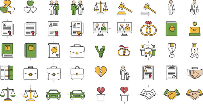 Divorce and Legal Separation Icon Set with Broken Heart, Court, Lawyer, Marriage Rings, Custody, and Family Law Symbols