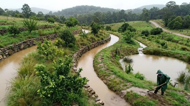 Man gardening permaculture swale system landscape
