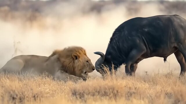 Lion and buffalo fight in savanna grassland confrontation wildlife