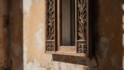 Fototapeta premium Ornate wood window on weathered wall, dappled sunlight