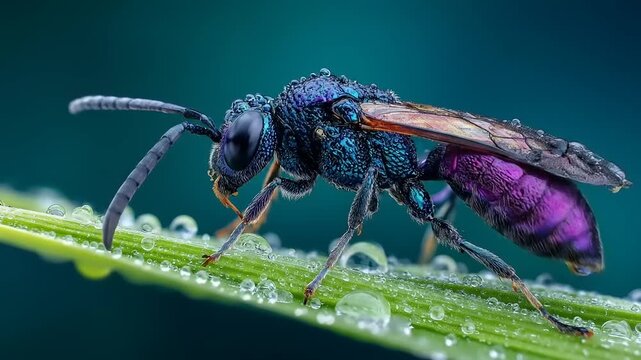 Macro insect with iridescent blue and purple colors on a green leaf