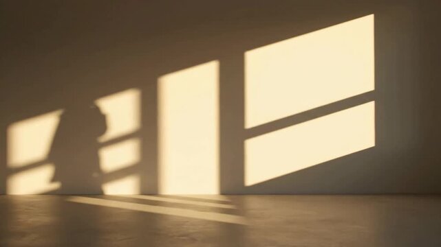 Architectural Shadow Play Interior shot showcasing how warm light interacts with architectural elements (e.g., slats, window frames), creating intricate, shifting geometric shadows on a floor or wall.