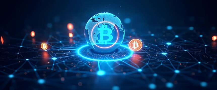 Bitcoin symbol rotates within a digital network sphere, with a slow camera pan revealing interconnected nodes, in a futuristic, cinematic style.