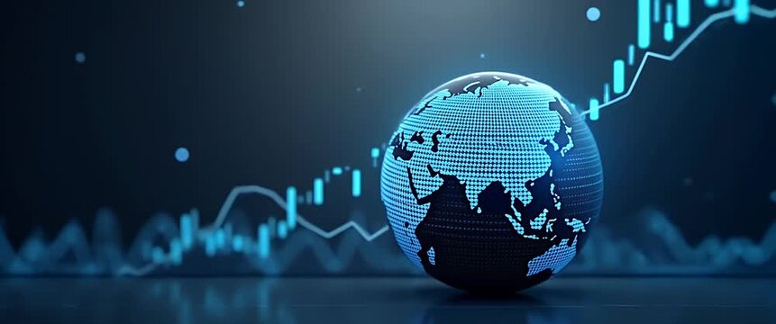 Dynamic 3D globe rotates amid glowing stock market graphs, with a smooth camera pan capturing global financial trends in a futuristic, cinematic style.