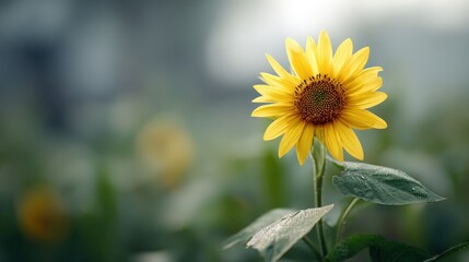 Obraz premium Single bright yellow bloom stands prominently against a softly blurred natural background.