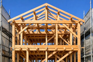 青空の下で建設が進む日本の伝統的な木造軸組工法の住宅の骨組みと足場がある建築現場