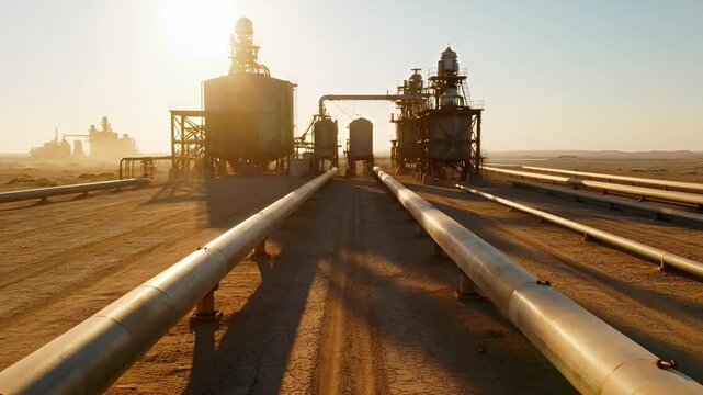 Industrial pipes and structures under sunlight leading lines wide angle view